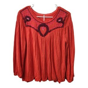 Free People Embroidered Peasant Blouse Top Red Orange Boho Bohemian Women's